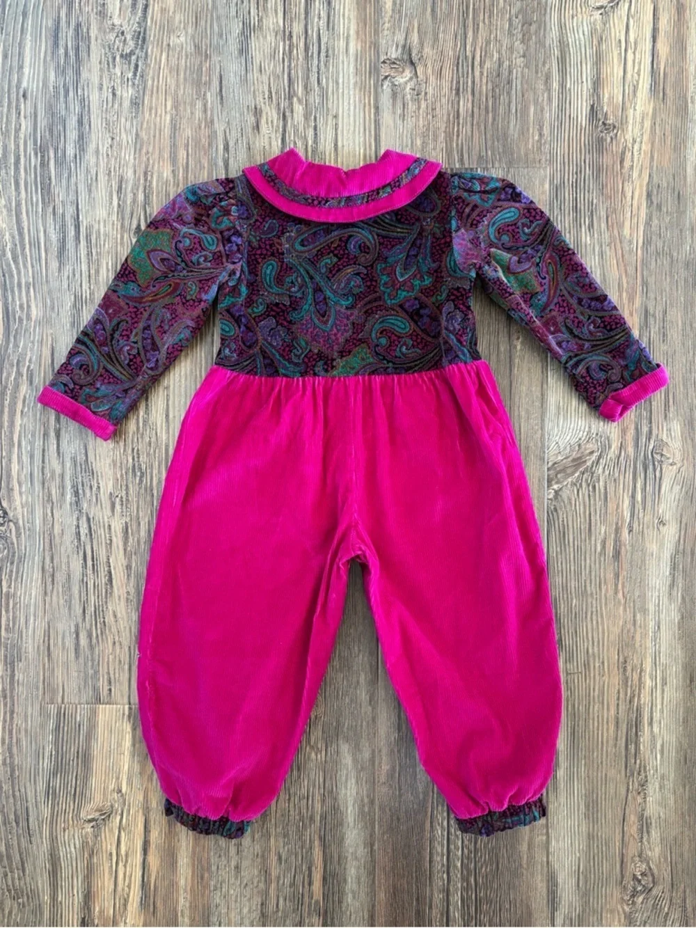 Vtg Kids Corduroy Jumpsuit Jumper Romper Girls 3T Pink Colorful Paisley Cottage
